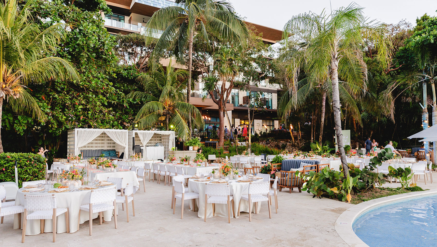 outdoor reception set-up by the pool