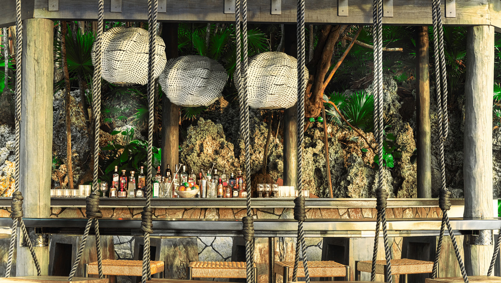 Close-up view of The Drop Off seating and bar